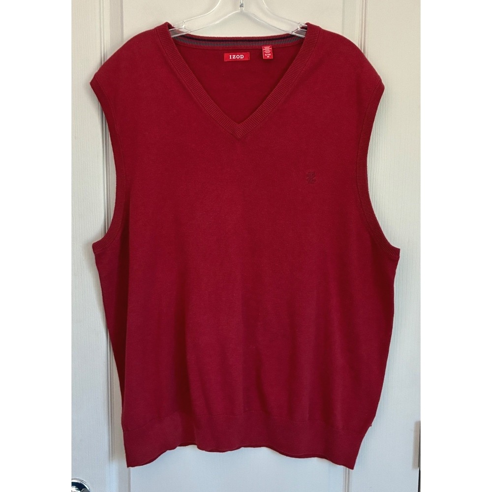 IZOD Mens Red V Neck Sweater Vest XXL 100% Cotton Knit Preppy Golf